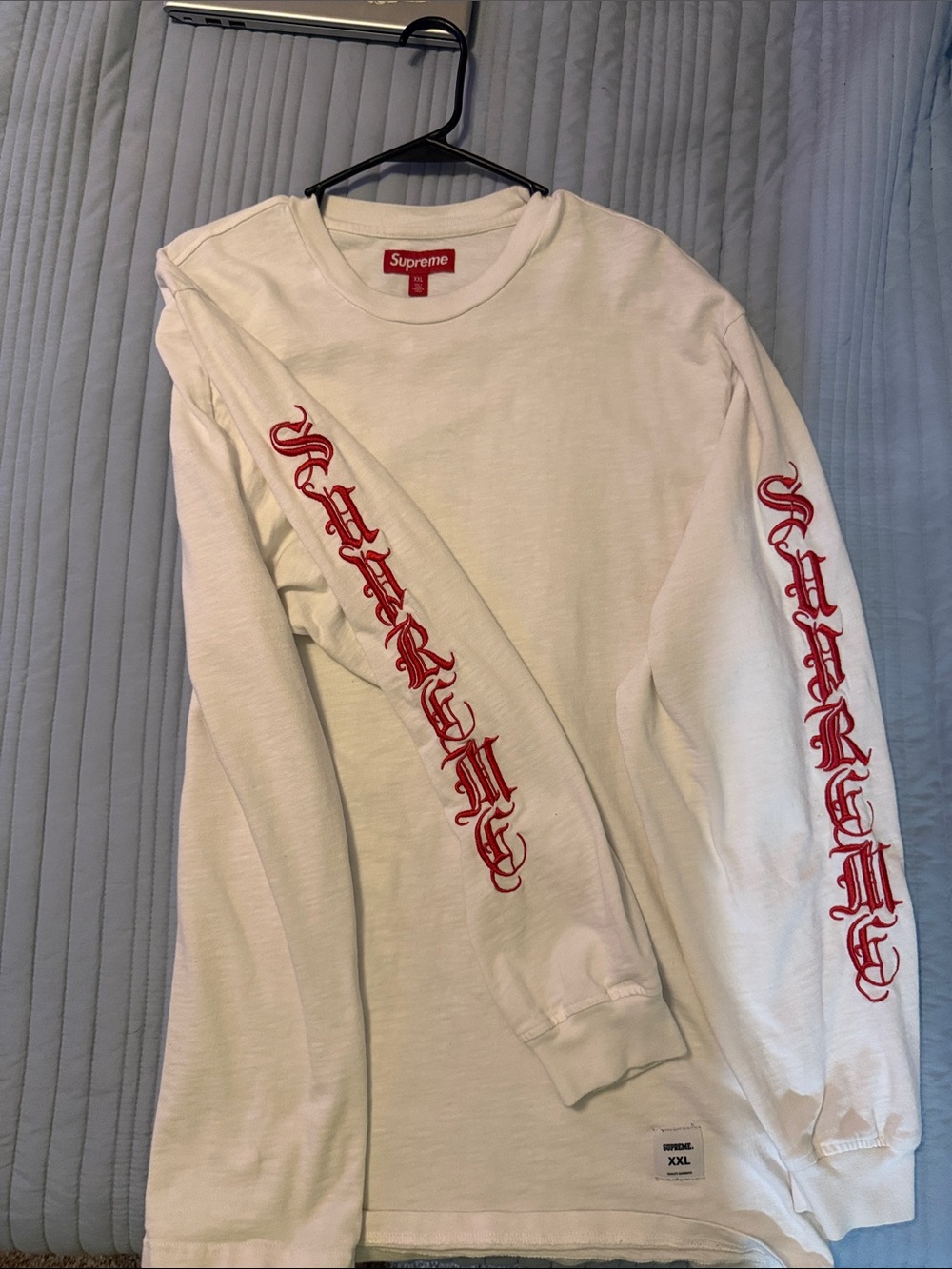 Supreme White Long Sleeve Tee with Red Old English Sleeve Script